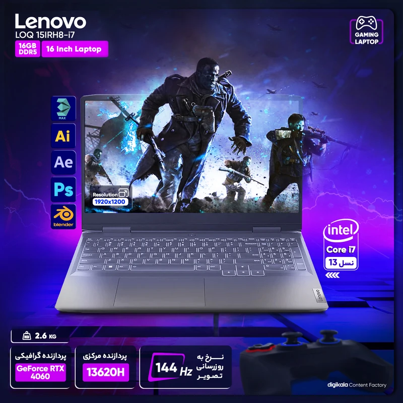لپ تاپ 16 اینچی لنوو مدل LOQ 16IRH8-i7 13620H-16GB DDR5 5200MHz-512GB SSD-RTX4060-FHD